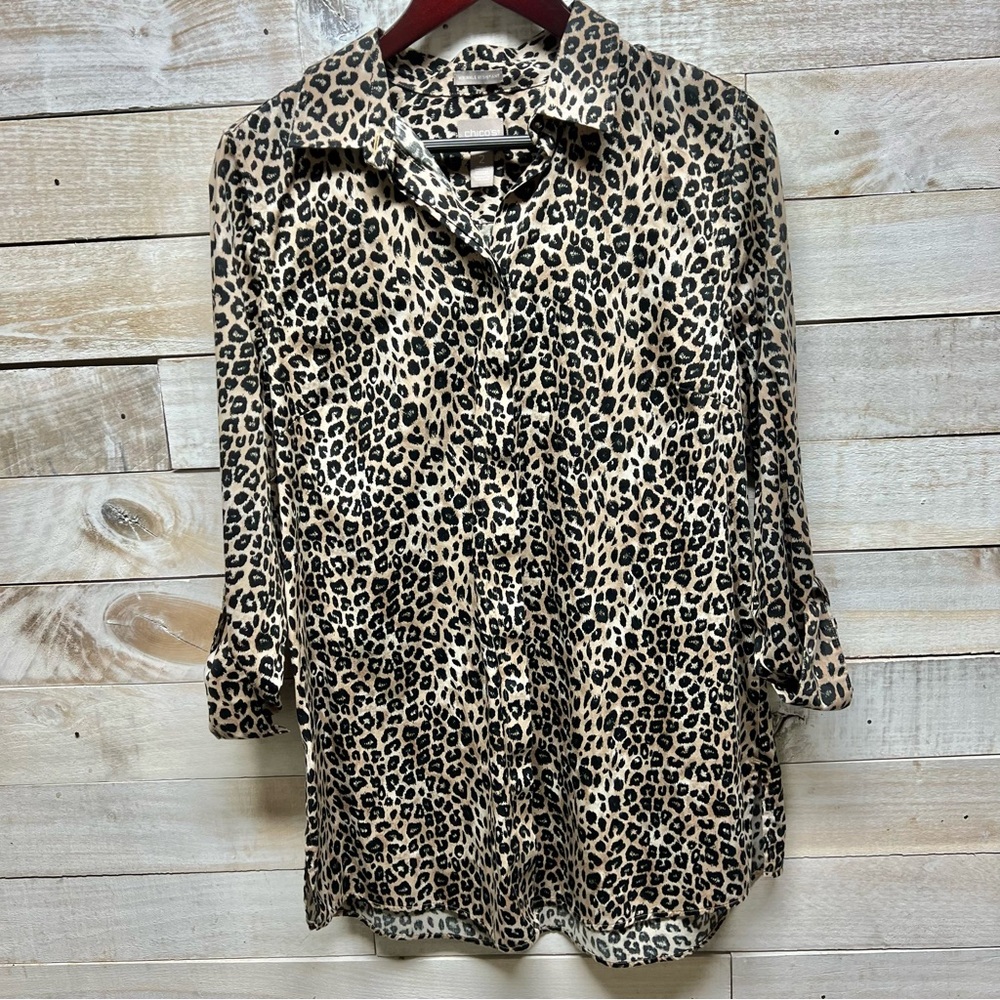 Chicos Leopard Button Up Top Womens 2 US Large‎ 12 Tan Black Wrinkle Resistant